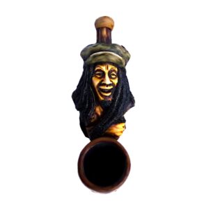 Handcrafted tobacco smoking hand pipe of Bob wearing a green hat in mini size.