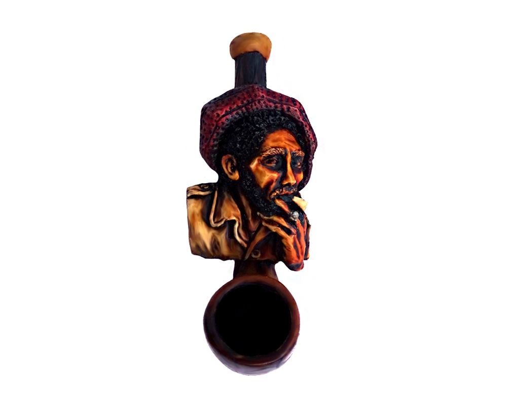 Handcrafted tobacco smoking hand pipe of smoking Bob wearing a red hat in mini size.