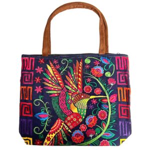 Handmade extra large tote purse bag with multicolored embroidered hummingbird and floral designs and brown vegan leather suede handle in assorted colors. Color will vary from examples in image.