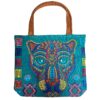 Handmade extra large tote purse bag with multicolored embroidered jaguar face and floral designs and brown vegan leather suede handle in assorted colors. Color will vary from examples in image.