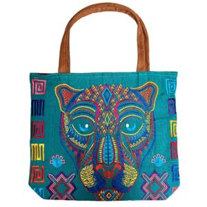 Handmade extra large tote purse bag with multicolored embroidered jaguar face and floral designs and brown vegan leather suede handle in assorted colors. Color will vary from examples in image.