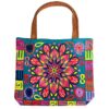 LB-020406990899 Handmade extra large tote purse bag with multicolored embroidered mandala and floral designs and brown vegan leather suede handle in assorted colors. Color will vary from examples in image.