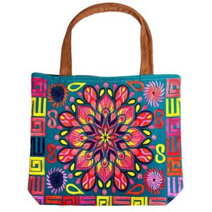 Handmade extra large tote purse bag with multicolored embroidered mandala and floral designs and brown vegan leather suede handle in assorted colors. Color will vary from examples in image.