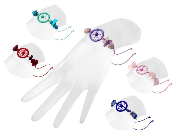 Chip stone and string pull tie bracelet with round thread dream catcher centerpiece.