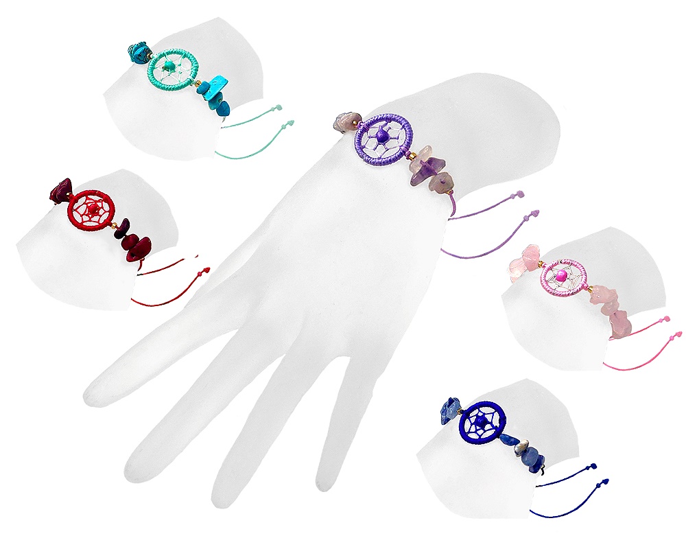 Chip stone and string pull tie bracelet with round thread dream catcher centerpiece.