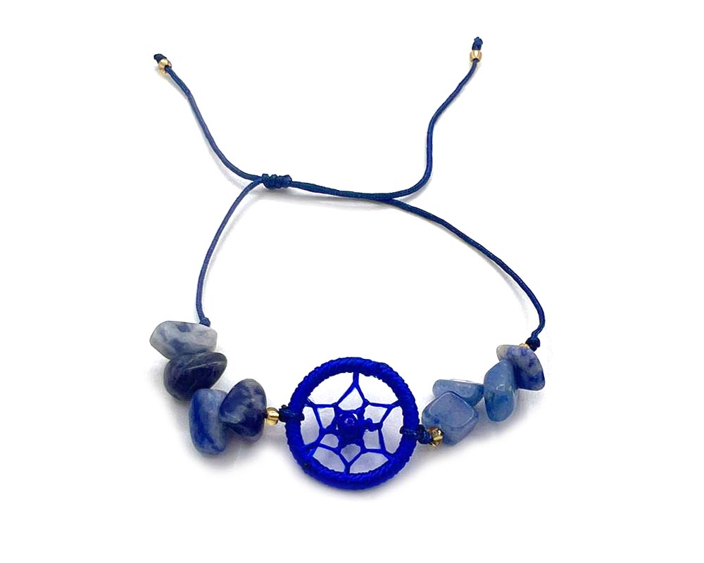 Handmade chip stone and string pull tie bracelet with round thread dream catcher centerpiece in blue and blue sodalite color combination.