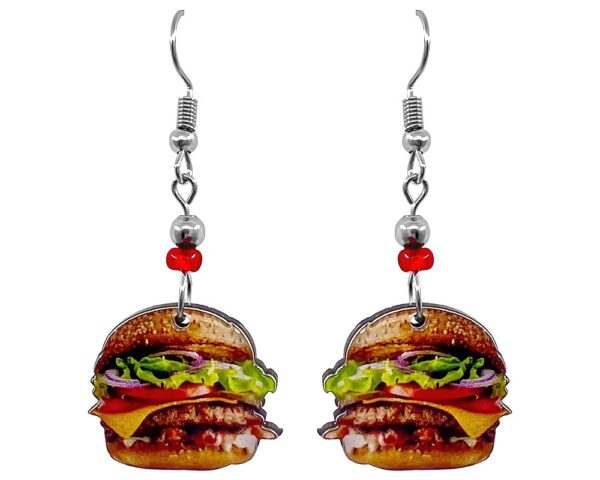 Handmade hamburger acrylic dangle earrings with beaded metal hooks in tan, brown, and multicolored color combination.