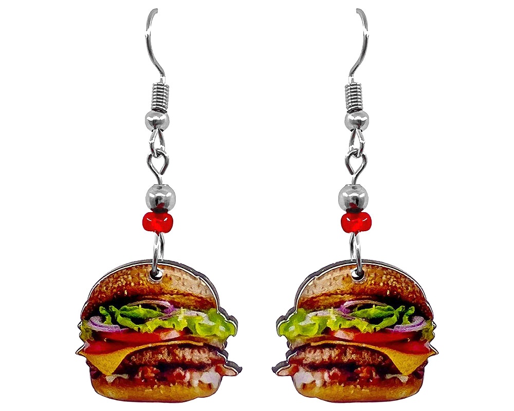 Handmade hamburger acrylic dangle earrings with beaded metal hooks in tan, brown, and multicolored color combination.