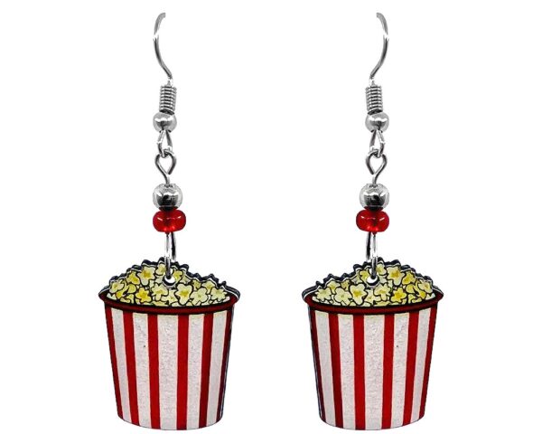 Handmade popcorn in red and white striped bag acrylic dangle earrings with beaded metal hook.