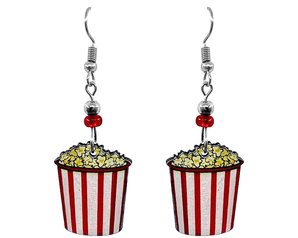 Handmade popcorn in red and white striped bag acrylic dangle earrings with beaded metal hook.