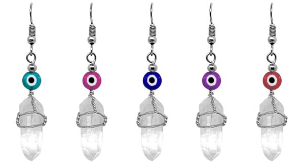 Silver wire wrapped clear quartz crystal point earrings with evil eye bead.