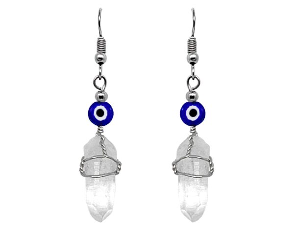 Handmade silver wire wrapped clear quartz crystal point earrings with evil eye bead in blue, white, and black color combination.