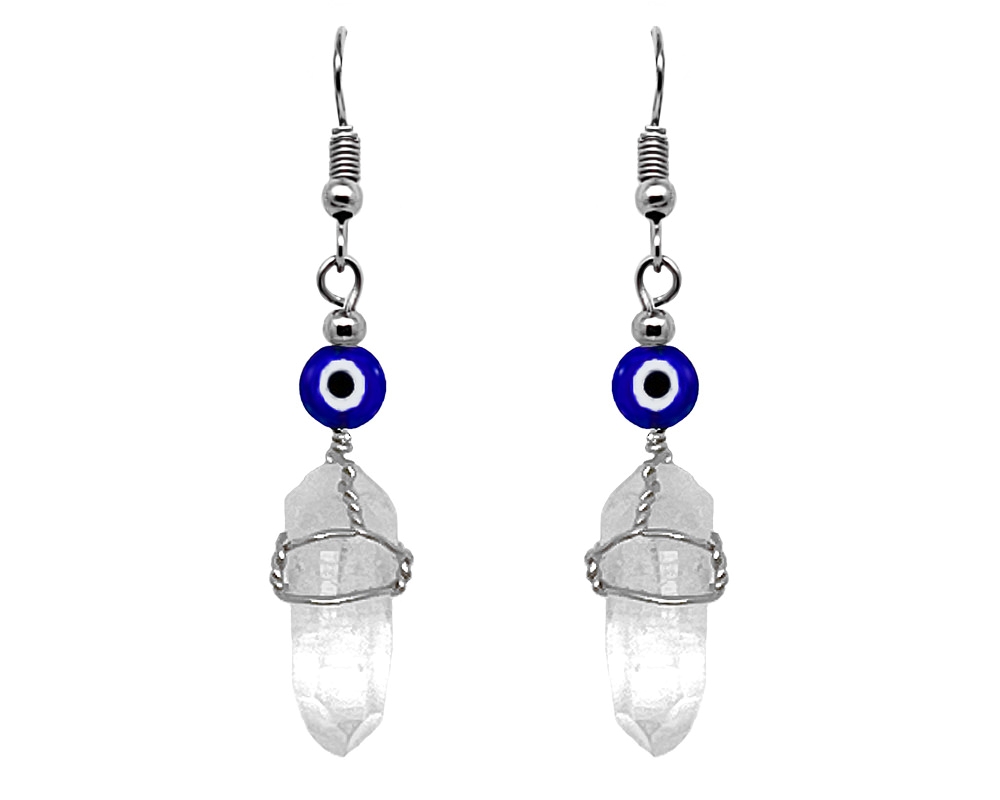 Handmade silver wire wrapped clear quartz crystal point earrings with evil eye bead in blue, white, and black color combination.