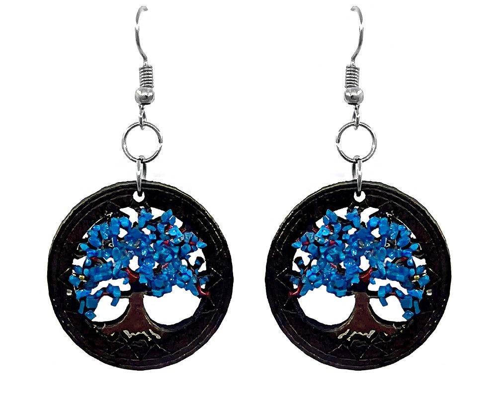 Handmade round-shaped Tree of Life wooden dangle earrings with artistic design in turquoise blue, black, and brown color combination.