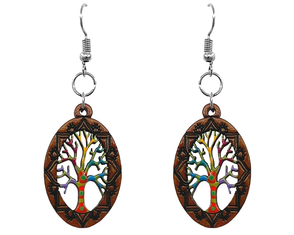 Handmade oval-shaped Tree of Life wooden dangle earrings with artistic design in lime green, brown, black, and multicolored color combination.