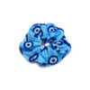 Handmade soft cotton scrunchie hair tie with evil eye nazar print pattern design in turquoise, blue, white, black, and gold color combination.
