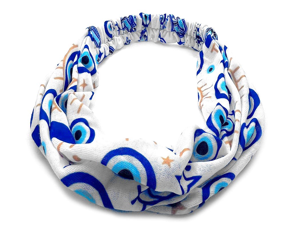HA-040106000533 Handmade soft cotton wrap headband with evil eye nazar print pattern design in blue, white, black, and gold color combination.