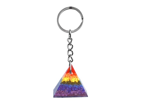 Handmade clear resin and crushed chip stone inlay orgonite pyramid keychain on silver metal keyring in 7 chakra striped rainbow colors.
