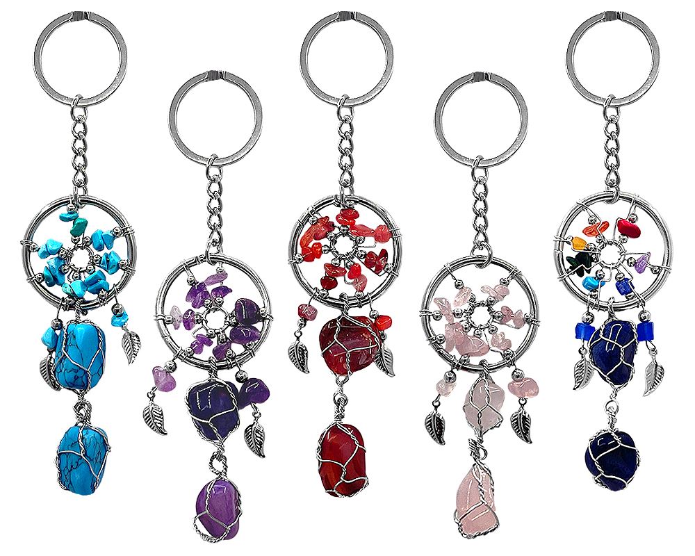 Round chip stone dream catcher keychain with leaf charms and wire wrapped tumbled gemstone dangles on silver metal key ring.
