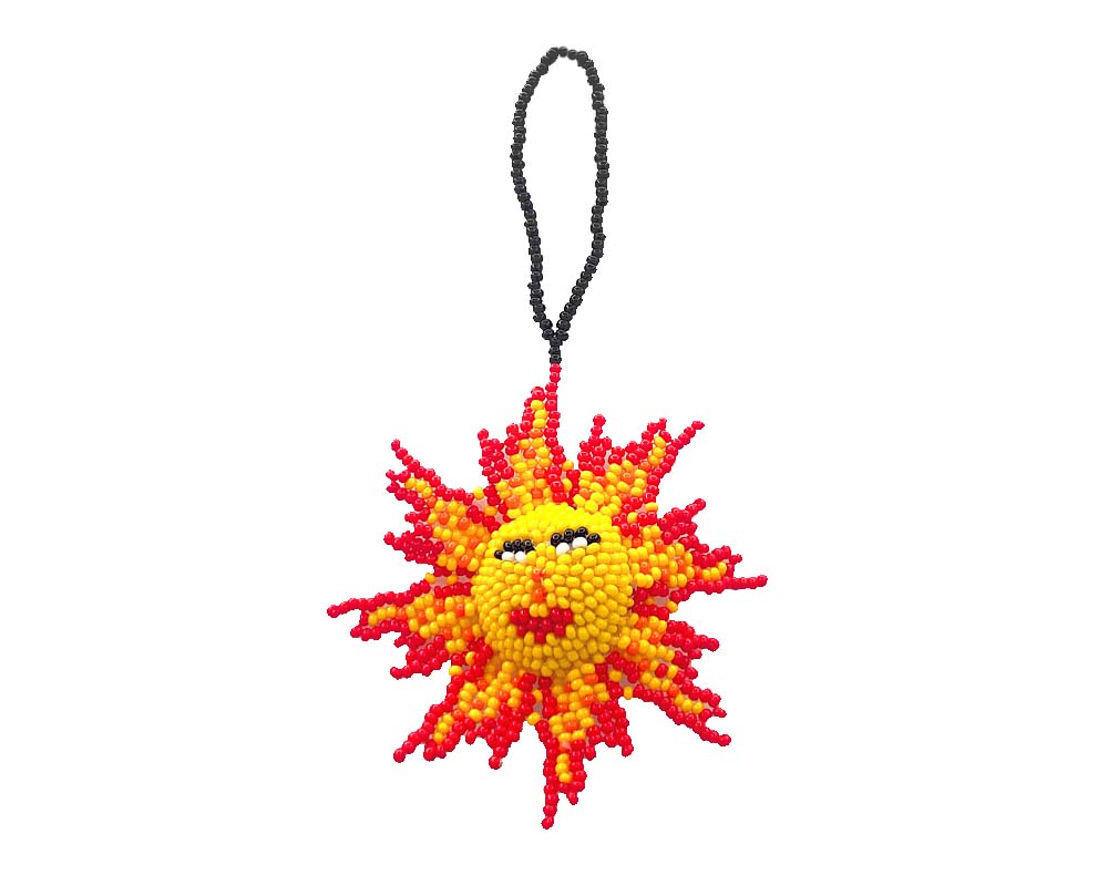 OR-010502030201 Handmade Czech glass seed bead figurine hanging ornament of a sun in yellow, orange, and red color combination.
