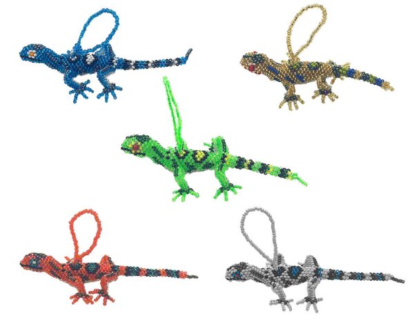 Handmade Czech glass seed bead animal figurine hanging ornament of a gecko lizard in assorted colors.