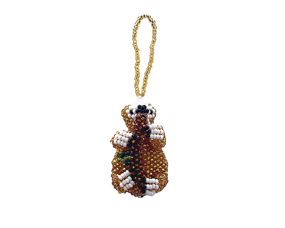 OR-010604330008 Handmade Czech glass seed bead animal figurine hanging ornament of a sloth in gold, brown, and white color combination.
