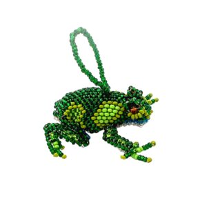 Handmade Czech glass seed bead animal figurine hanging ornament of a frog in green color combination.