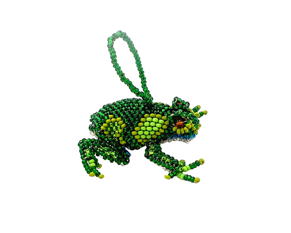 Handmade Czech glass seed bead animal figurine hanging ornament of a frog in green color combination.