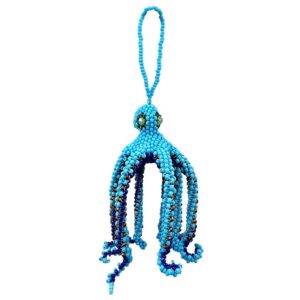 Handmade Czech glass seed bead sea animal figurine hanging ornament of an octopus in turquoise color.