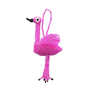 Handmade Czech glass seed bead animal figurine hanging ornament of a flamingo bird in pink, black, and white color combination.