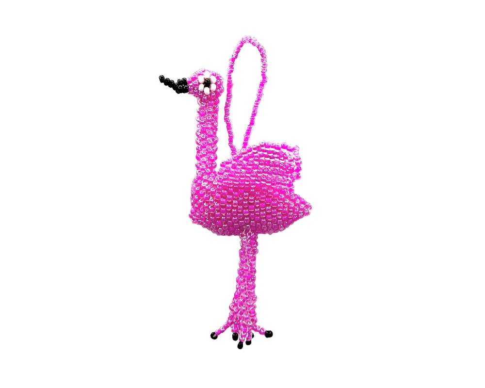 OR-010901070009 Handmade Czech glass seed bead animal figurine hanging ornament of a flamingo bird in pink, black, and white color combination.