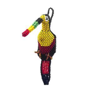 Handmade Czech glass seed bead animal figurine hanging ornament of a toucan bird in black, yellow, red, and green color combination.