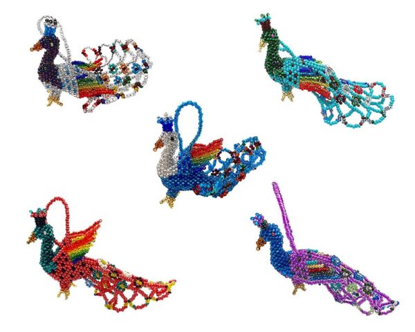 Handmade Czech glass seed bead animal figurine hanging ornament of a peacock bird in assorted colors.