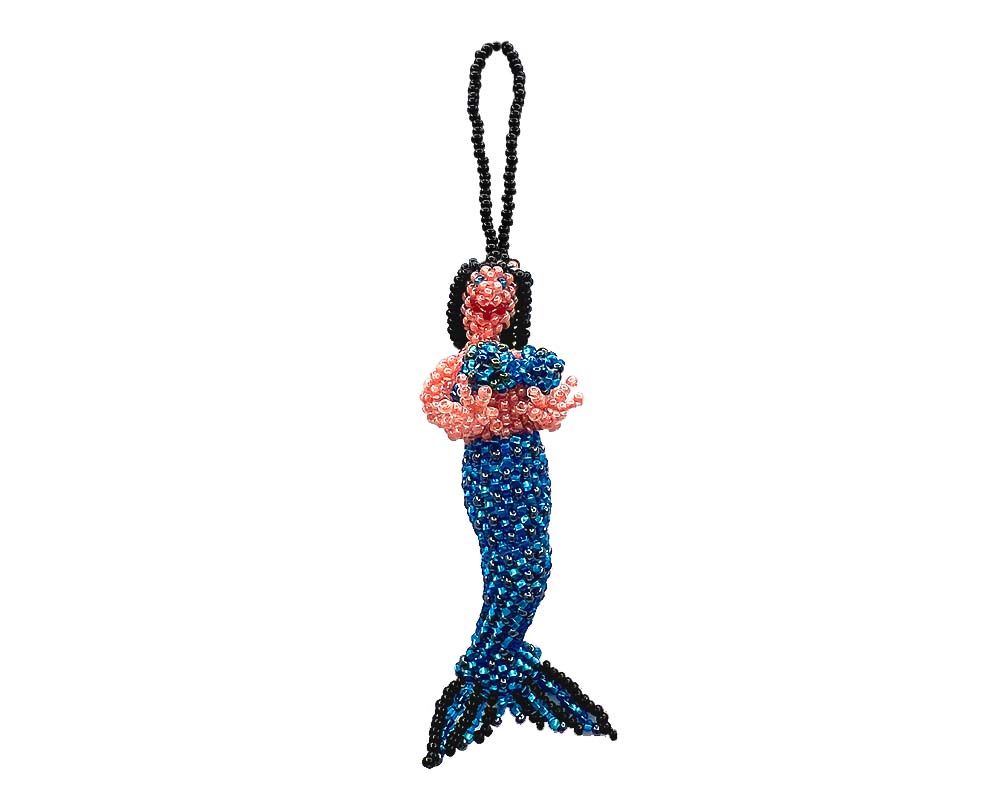Handmade Czech glass seed bead fantasy figurine hanging ornament of a mermaid in turquoise blue, peach, and black color combination.