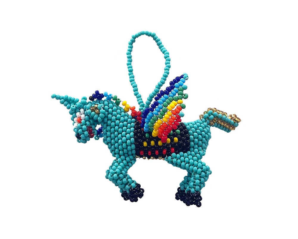 Handmade Czech glass seed bead fantasy figurine hanging ornament of a unicorn in turquoise and rainbow multicolored color combination.