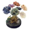 OR-030102999933-2 Handmade chip stone crystal tree of life table ornament with gold-colored trunk and crushed pyrite round stone base in 7 chakra rainbow color combination.