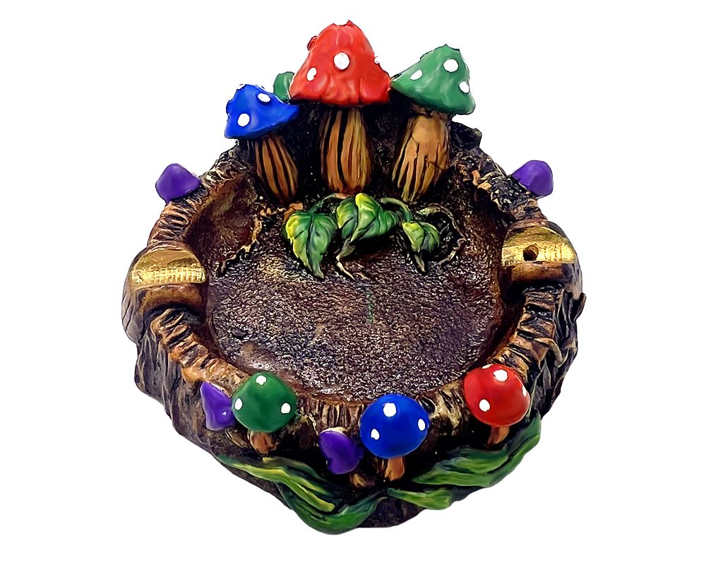 Handcrafted round incense holder ash tray with a 3D figurine of toadstool mushrooms and leaves in multicolored, white, brown, black, and gold color combination.