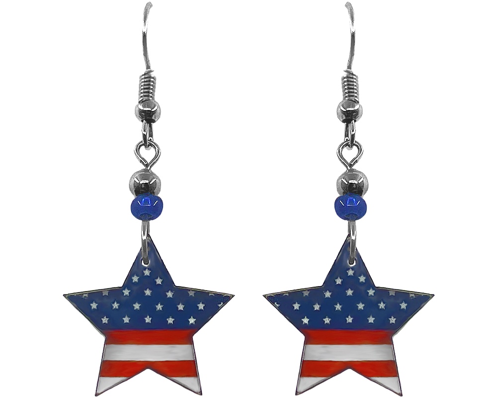 Handmade star-shaped American USA flag acrylic dangle earrings with beaded metal hooks in red, white, and blue color combination.