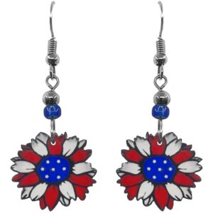 Handmade flower-shaped American USA flag acrylic dangle earrings with beaded metal hooks in red, white, and blue color combination.