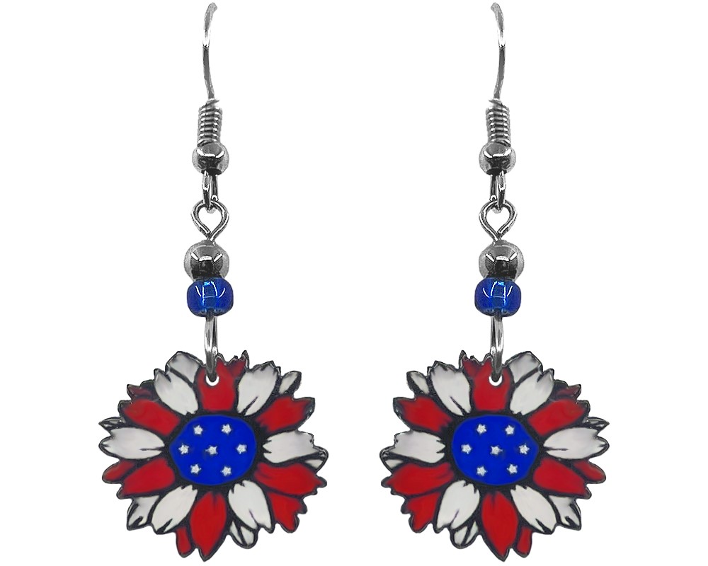 Handmade flower-shaped American USA flag acrylic dangle earrings with beaded metal hooks in red, white, and blue color combination.