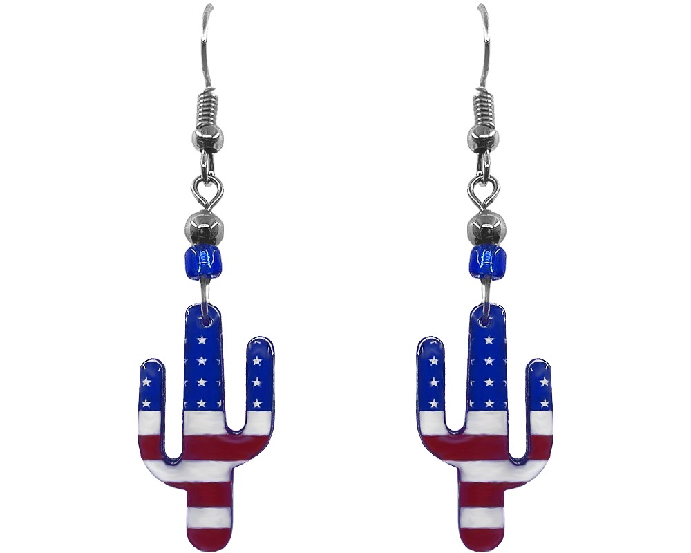 Handmade cactus-shaped American USA flag acrylic dangle earrings with beaded metal hooks in red, white, and blue color combination.