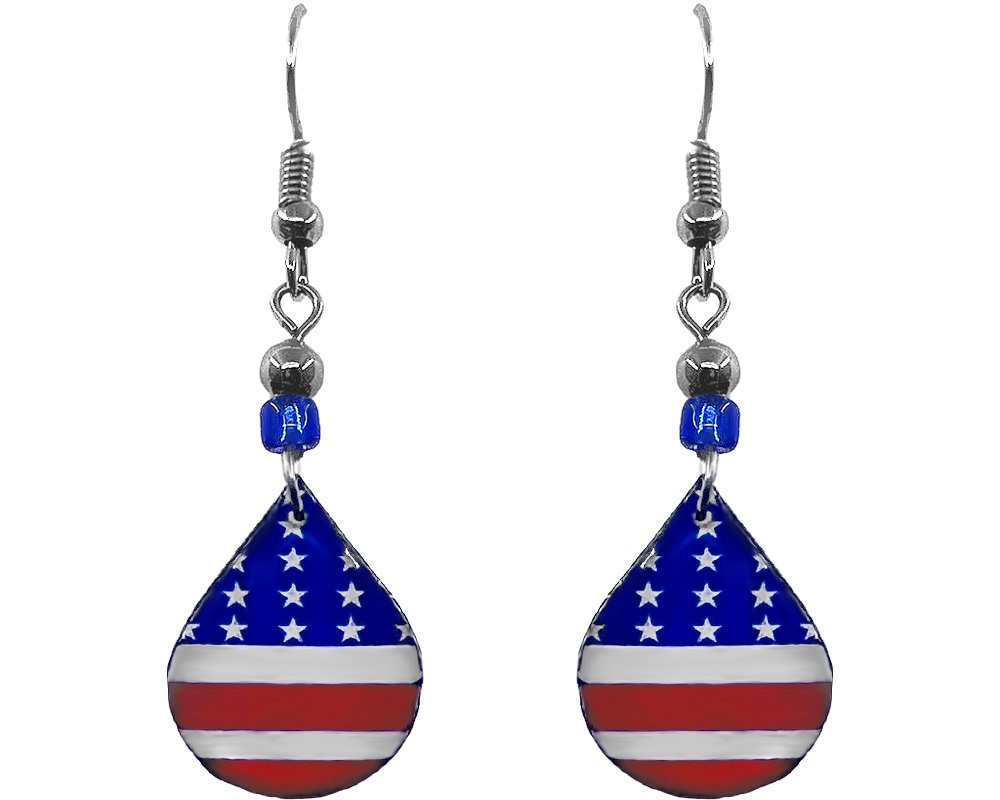 Handmade teardrop-shaped American USA flag acrylic dangle earrings with beaded metal hooks in red, white, and blue color combination.