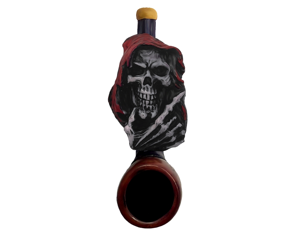 MP-050303 Handcrafted tobacco smoking hand pipe of a red hooded pondering grim reaper death skull with hand on chin in mini size.