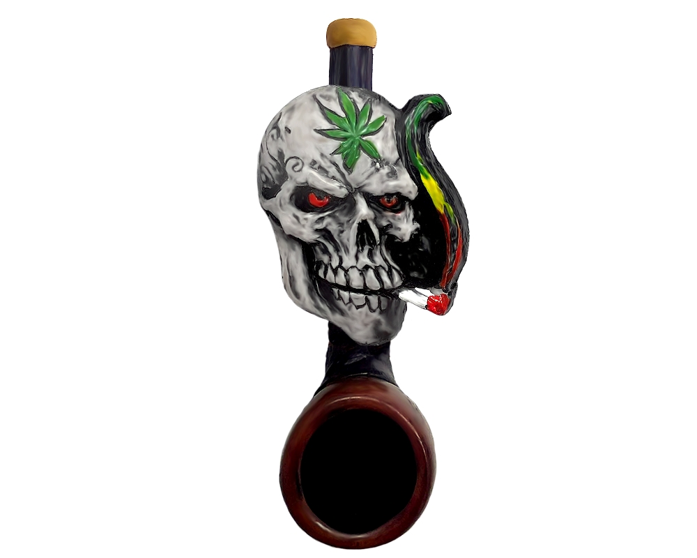 MP-050704 Handcrafted tobacco smoking hand pipe of a smoking Rasta skull with a leaf on forehead in mini size.