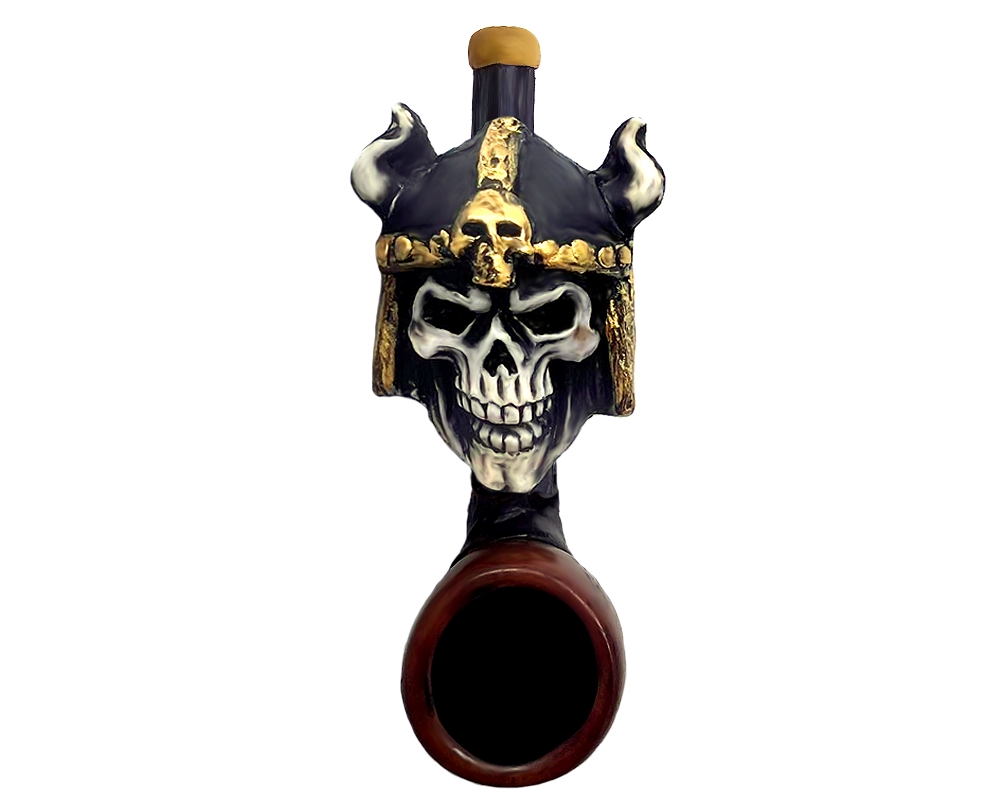 Handcrafted tobacco smoking hand pipe of a viking skull head with a black and gold horned helmet in mini size.
