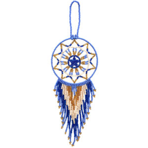 Seed Bead Dream Catcher Ornament - Blue/Beige/Gold