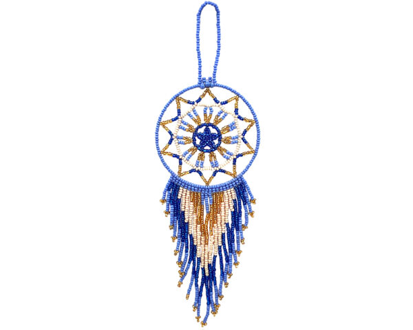 Seed Bead Dream Catcher Ornament - Blue/Beige/Gold