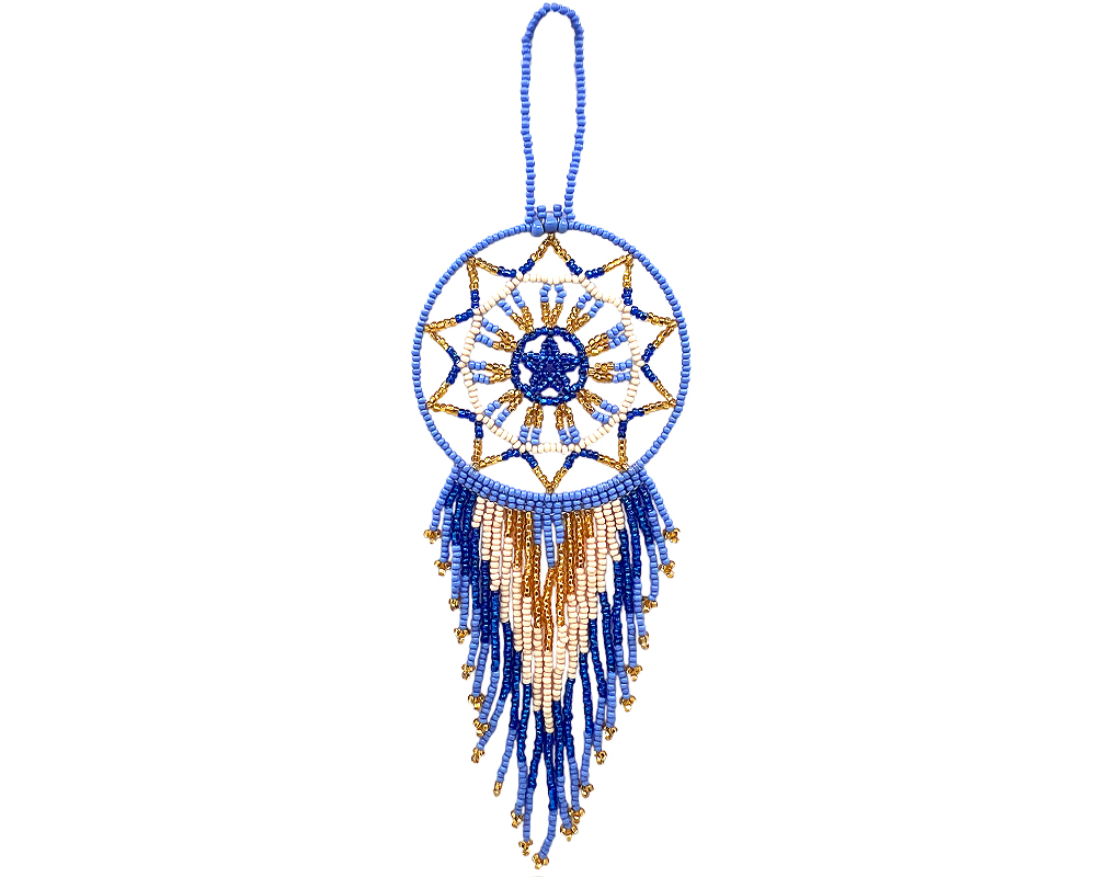 Seed Bead Dream Catcher Ornament - Blue/Beige/Gold