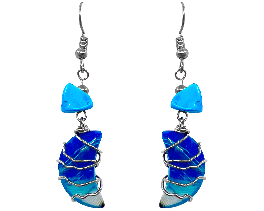 EA-021301351535 Wire Wrapped Moon Stone Earrings - Turquoise Agate