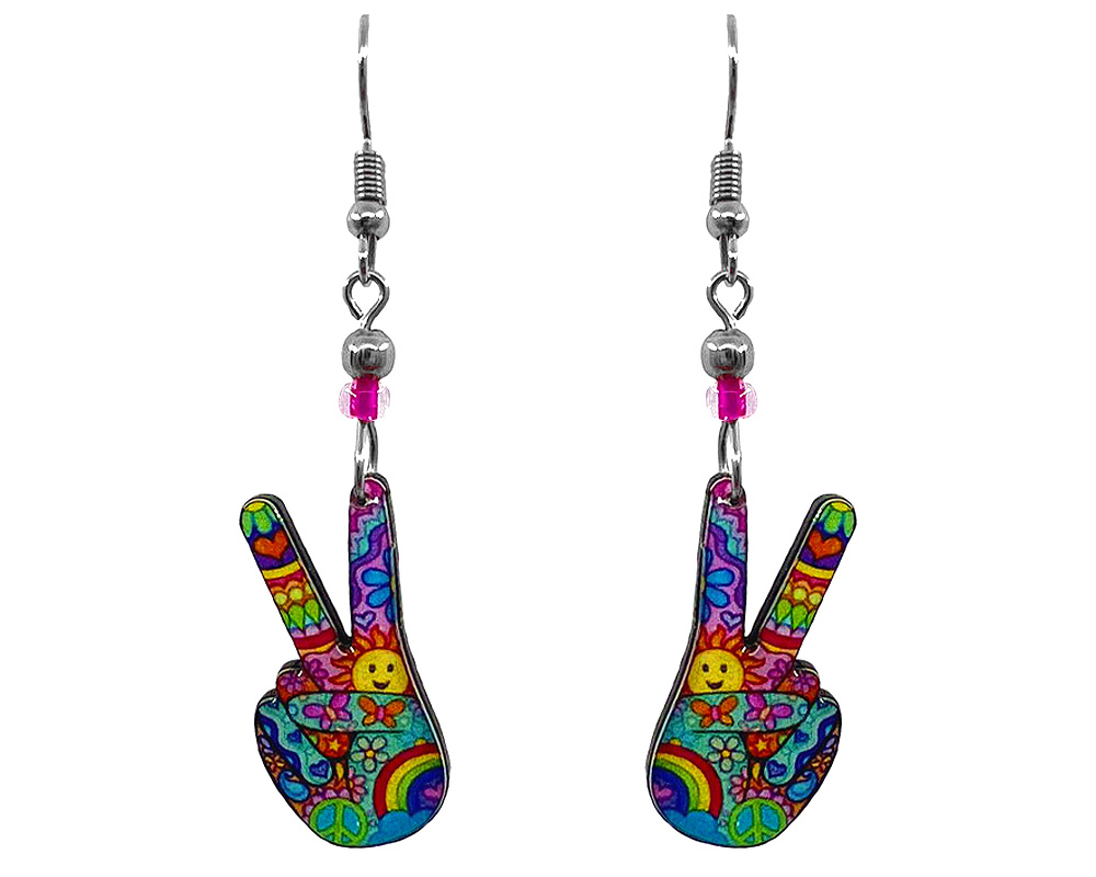 EA-045702379999 Peace Sign Hands Earrings - Psychedelic/Multi